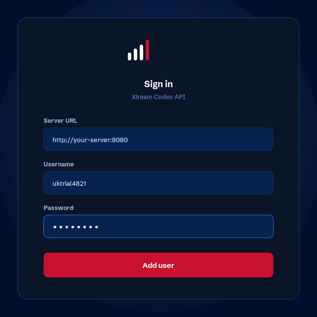 The IPTV app sign-in screen showing the Xtream Codes fields