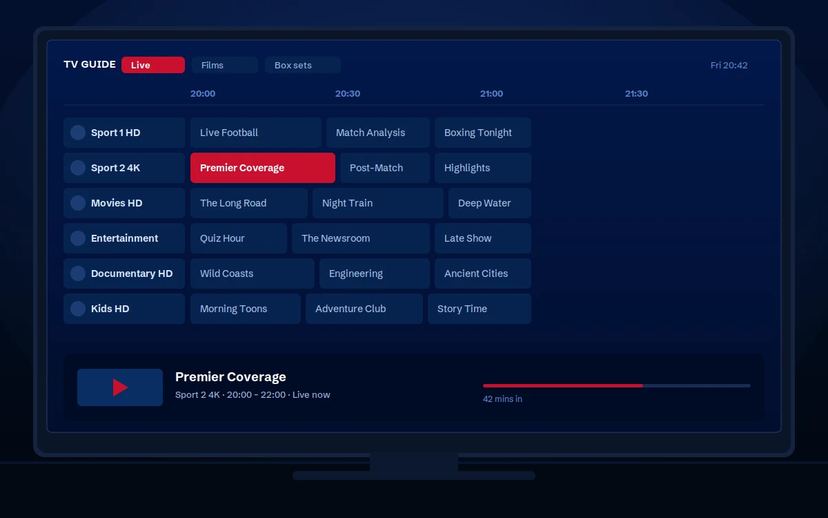 The IPTV UK TV guide on a television, showing live channels and what's on now