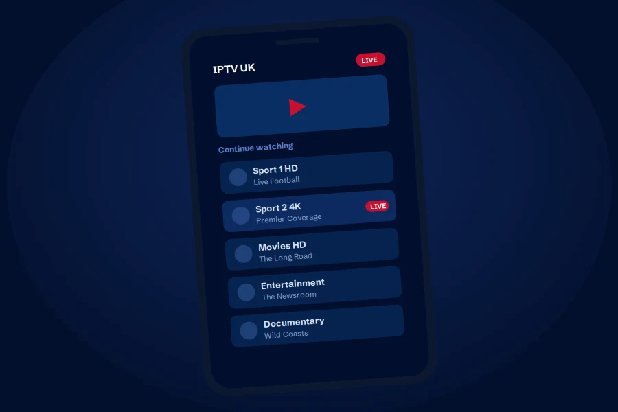 The IPTV UK app on a phone, showing the live channel list