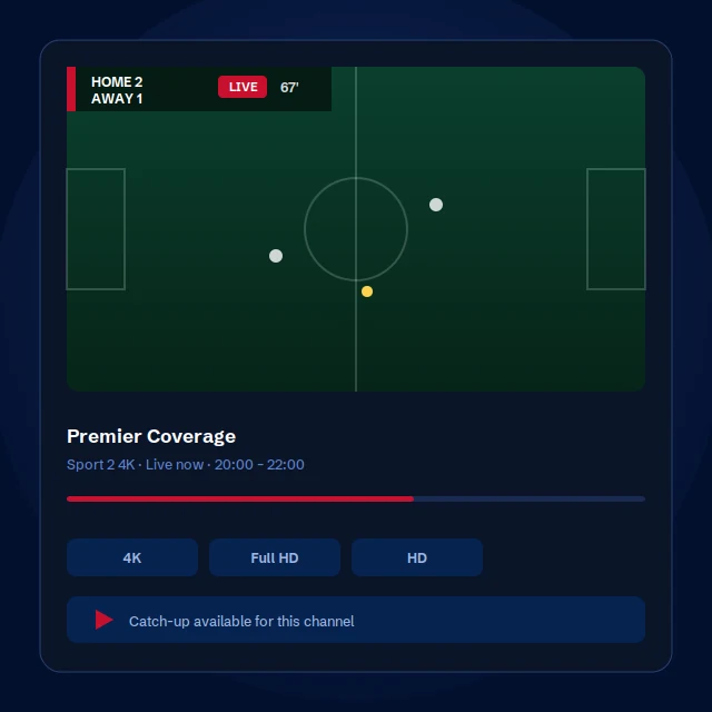 Live sport playing in 4K, with quality options and catch-up available